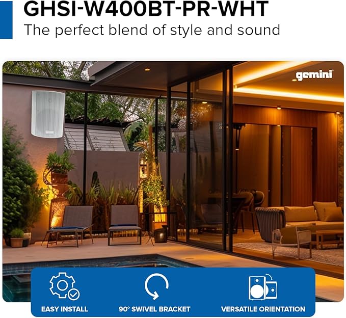 Gemini Sound GHSI-W400BT 4" Outdoor Bluetooth Speakers – Wired Powered IP44 Waterproof Wall Mount Pair, Rust-Proof Aluminum Grills, Expandable to 16 Speakers, Compact Full-Range Stereo (White)