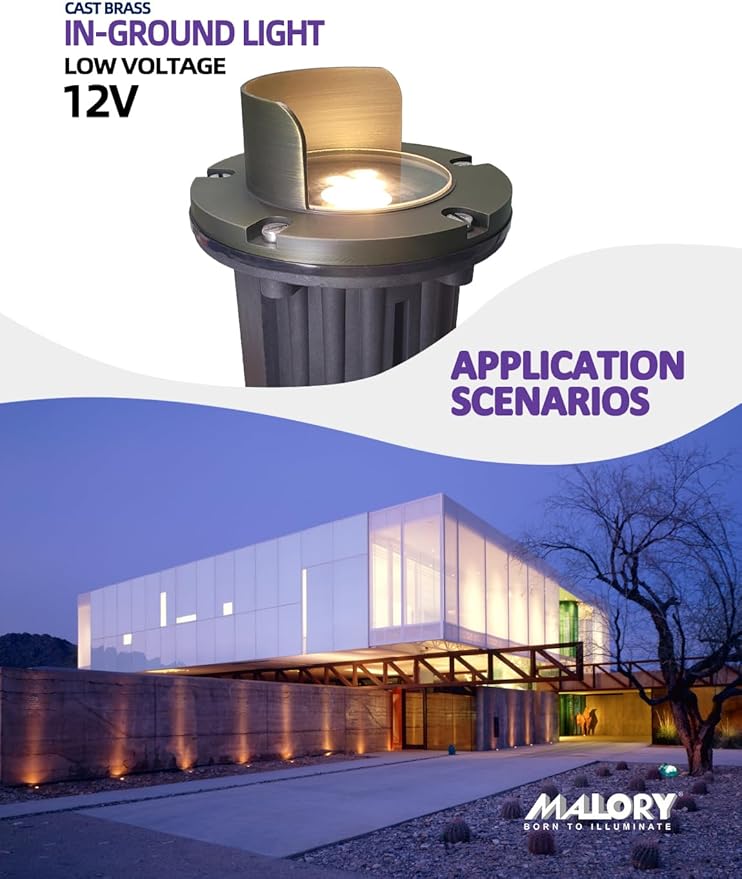 MALORY Brass Top Cover Landscape Well Lights,（6‘’H 12V Low Voltage Outdoor In Ground Lights, Anti-Glare Landscape Lighting with 5W 450LM MR16 for Pathway, Driveway (Shield Top, 10-Pack with Bulb)