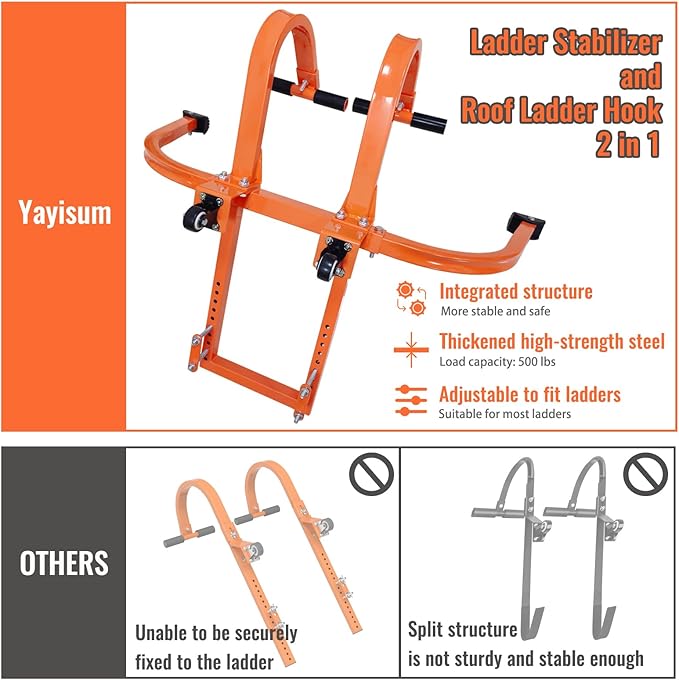 2 in 1 Ladder Hooks for Roof Ridge Heavy Duty Steel Ladder Roof Hook with Rubber Grip T-Bar for Damage Prevention, Extension Ladder Stabilizer 550 lbs Load Capacity