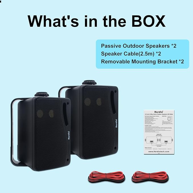 Herdio 3.5 Inch Passive Outdoor Speakers Wired Waterproof, 200W 3 Way Premium Mountable Wall Mount Speakers with Superior Sound, All-Weather Durability, for Patio Marine Boat Garage Indoor(Black Pair)