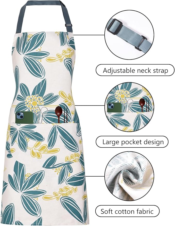 2 Pack Floral Apron for Women with Pockets, Adjustable Cotton Chef Aprons for Kitchen, Cooking, BBQ & Grill