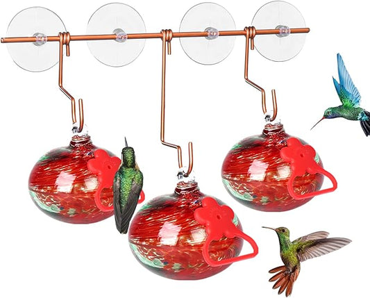 Window Hummingbird Feeder with Suction Cups,Hand-Blown Glass Hummingbird Feeders for Outdoors Window Mounted with Metal Hook,Close Bird Watching,Finch in Garden,Yard(Red)