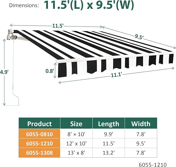 MCombo 11.5x9.5 Feet Manual Retractable Patio Door Window Awning Sunshade Shelter Outdoor Canopy,1210 (White with Black Stripes, 11.5'(L) x 9.5'(W))