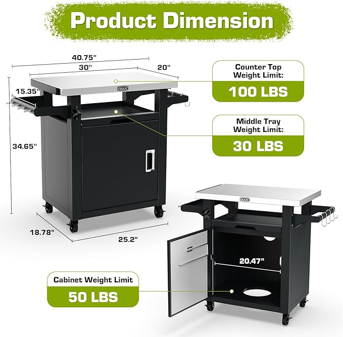 NUUK Grill Carts Outdoor with Enclosed Cabinet and Storage Drawer, Portable Patio Bar Cart with Wheels Stainless Steel Kitchen Storage Island 20" x 30" Rolling Prep Station for BBQ, Deck, Backyard
