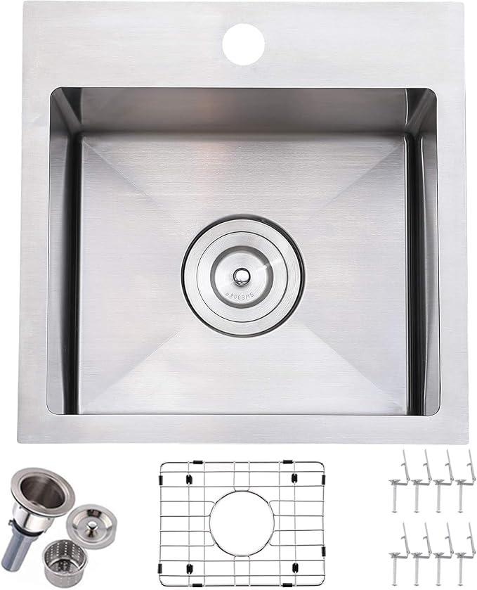 15x15 Inch Bar Sink Drop In, Topmount Kitchen Sink Stainless Steel Square Small Sinks, Single Bowl Kitchen Sinks for Laundry Wet Bar Prep RV Office Outdoor Yard