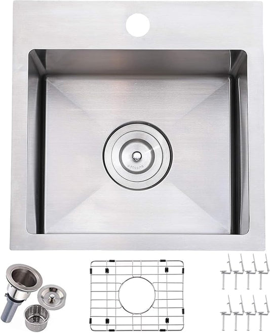 15x15 Inch Bar Sink Drop In, Topmount Kitchen Sink Stainless Steel Square Small Sinks, Single Bowl Kitchen Sinks for Laundry Wet Bar Prep RV Office Outdoor Yard