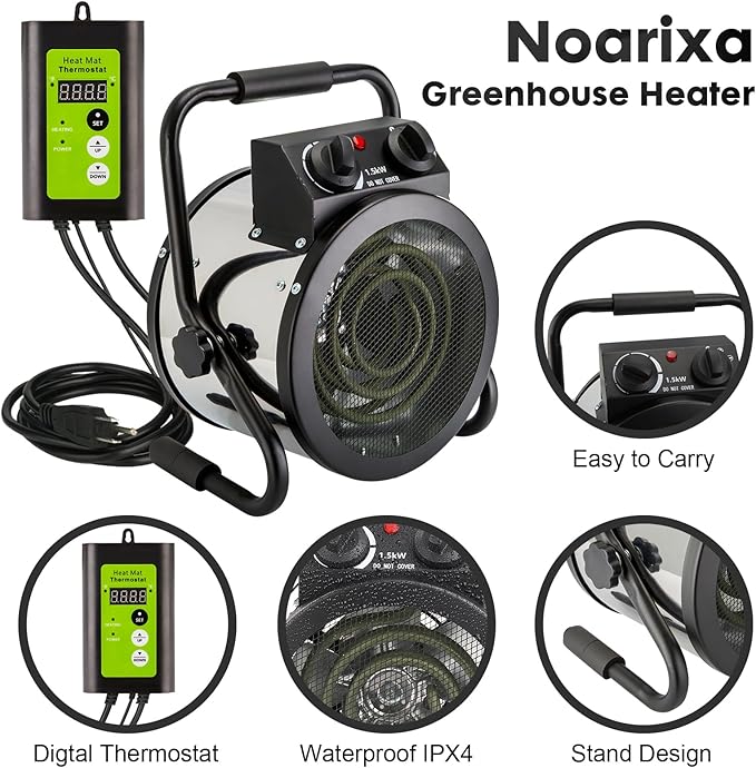 Greenhouse Heater with Digtal Thermostat, 1500W Electric Greenhouse Heaters, Fast Heating with Overheat Protection, Grow Tent Heater for Green House, Outdoor, Patio, Flower Room, Sliver