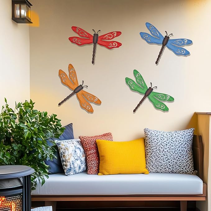 Metal Dragonfly Wall Decor, 4 Pack 14inch Retro Metal Dragonfly Wall Hanging Sculpture Decor for Outdoor, Yard Patio Fence Garden Outside Decorations