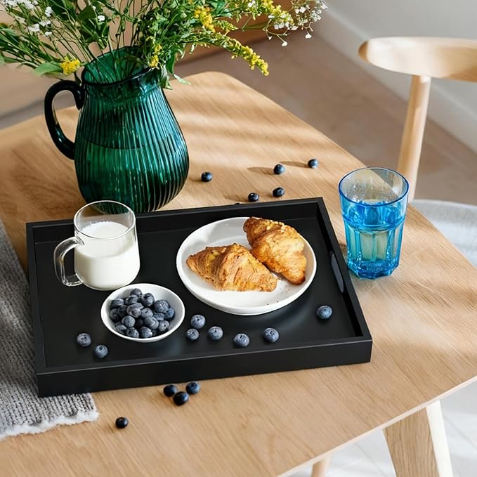 17 Inch Black Wood Serving Tray with Handles, Large Wooden Tray for Ottoman, Breakfast in Bed, Coffee Table, Dinner, Perfect for Living Room Bedroom Entryway and Kitchen
