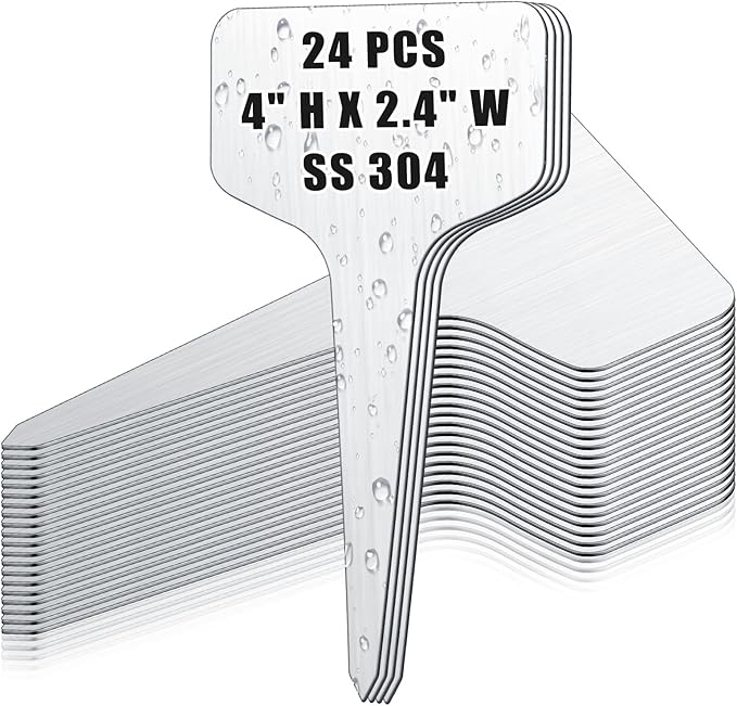 Hicarer 24 Pcs Durable Metal Plant Labels Christmas Gift Weatherproof Garden Markers Engraving Stainless Steel 304 T-Type Reusable Plant Tags for Gardeners Outdoor Greenhouse Vegetables(4x2.4 Inch)