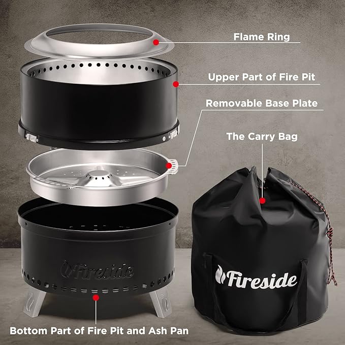 TURBRO 19 Inch Smokeless Fire Pit for Outdoor Wood Burning, Portable Stainless Steel Camping Stove with Stand, Removable Ash Pan, Waterproof Storage Bag, Unique Nested Design, Pluto R19-PG, Black