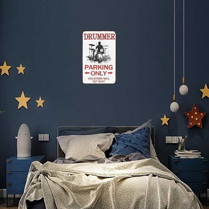 Drummer Parking Only Violators Will Get Beat Tin Sign Drummer Sign for Men Vintage Wall Decor for Men Cave Garage Bar 12×8 Inch