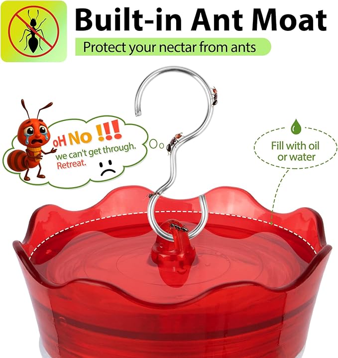 2 Pack Hummingbird Feeders for Outdoors, Built-in Ant Moat & Leakproof, XAROO Glass Hummingbird Feeder with 4 Bee Guard Feeding Ports, 15OZ, Red, Outdoor Garden Décor
