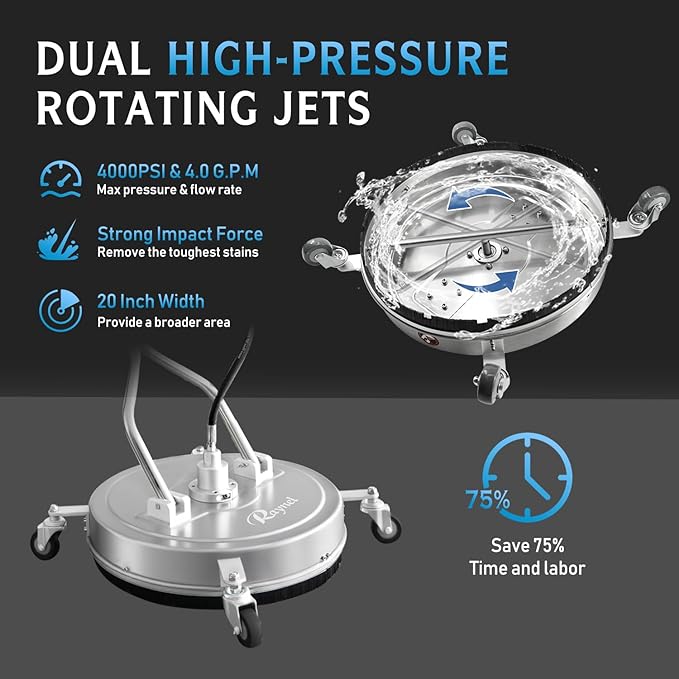 RAYNEL 20'' Pressure Washer Surface Cleaner with 4 Wheels, Dual Handle, Stainless Steel Housing, 2 Hose Adapters, 4 Replacement Nozzles