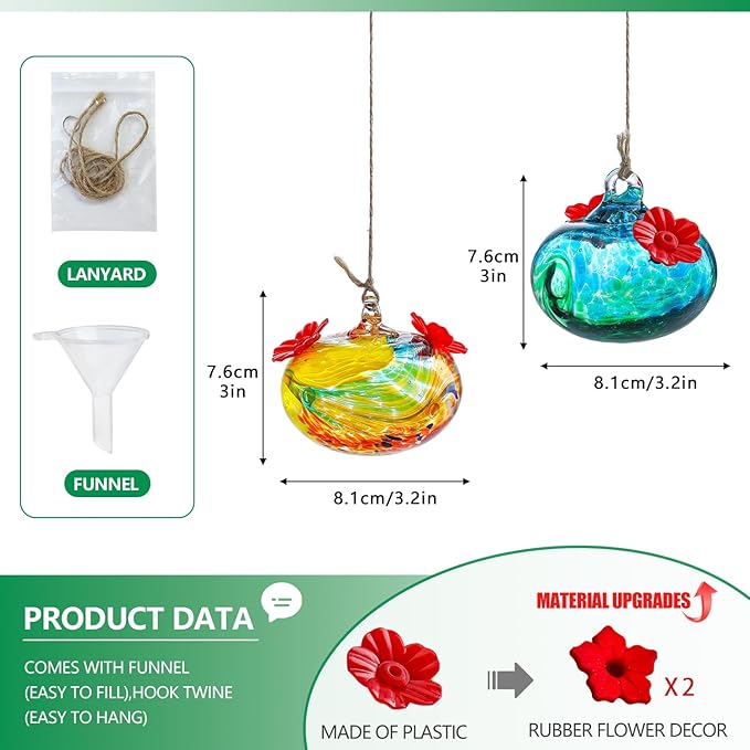 Pack 2 Blown Glass Hummingbird Feeders for Outdoors Small Glass Humming Bird Feeder for Window Hanging Ant and Bee Proof Humming Birds Feeders Decor for Garden Outside