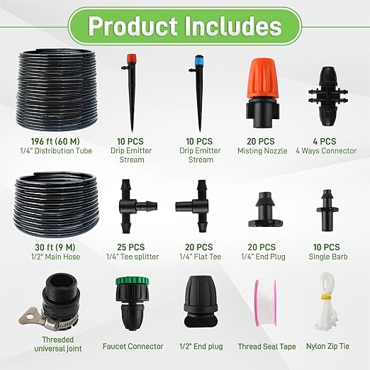 227FT Drip Irrigation System Kit,Misting Sprinkler System with 1/2" 1/4" Tubing Hose Adjustable Emitters Barbed Fittings,Automatic Garden Watering System for Plant Lawns Raised Beds Greenhouse