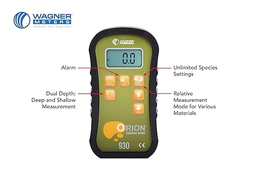 Orion® 930 Pinless Wood Moisture Meter by Wagner Meters I Accurate, Non-Damaging, Dual Depth Lumber Moisture Measurement, On-site Calibration (Standard Calibrator)