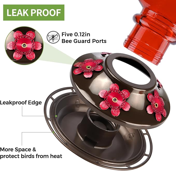 Hummingbird Feeder, BOLITE Glass Hummingbird Feeders for Outdoors Hanging, with Ant Moat and Five Feeding Ports, 22 Ounces, Leak Proof, Red, Birthday Gifts for Women Men, Gifts for Mom Dad