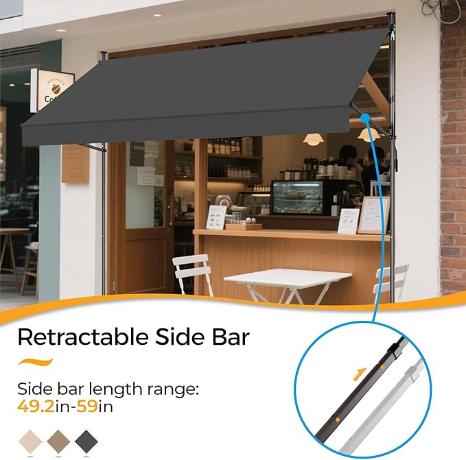 HOMEDEMO Manual Retractable Awning 138" W x 118" H,Side Bar 47-59in Patio Awning Retractable Outdoor Sunshade Shelter Height Adjustable Sunsetter Retractable Awning UV Protection for Backyard Garden