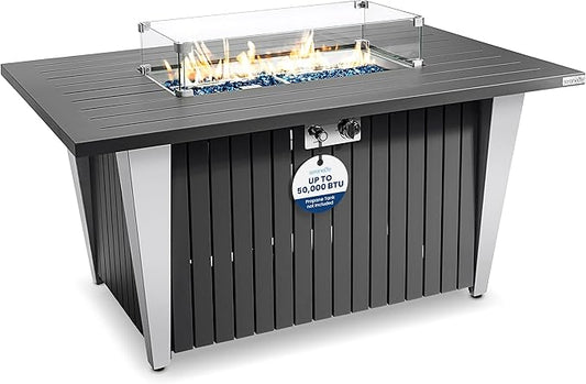 Outdoor Propane Fire Pit Table - CSA/ETL Certified 50,000 BTU Pulse Ignition Weatherproof Rectangle Propane Gas Fire Table w/Adjustable Flame - Glass Wind Guard, Glass Rocks - SereneLife SLNFLGA5