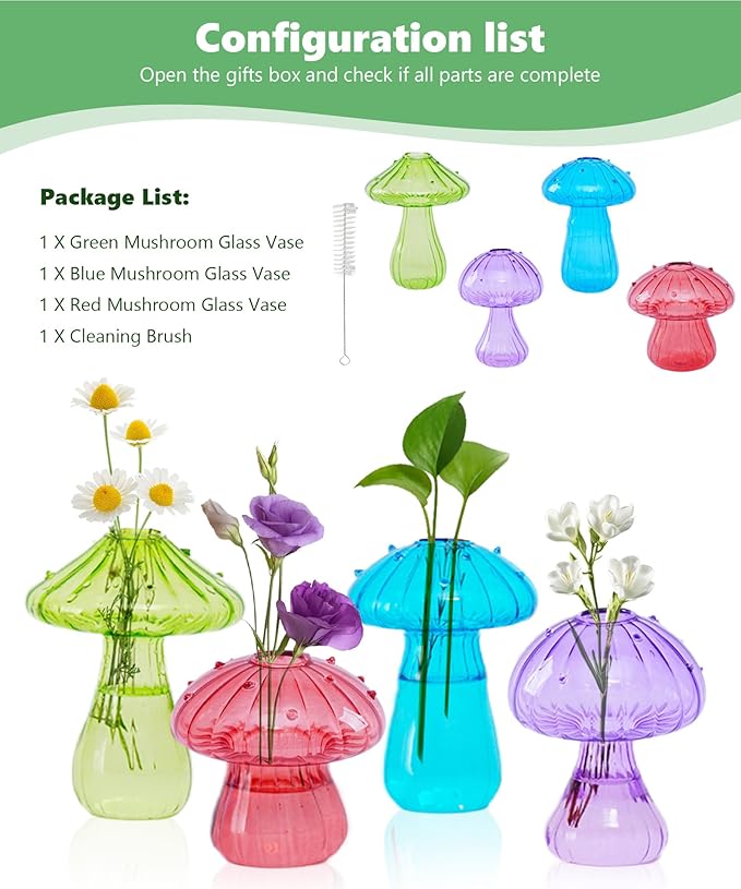 Nacome Mushroom Glass Propagation Station for Plants: Set of 4 Colored Vases Terrarium Kit for Home Office Indoor Hydroponics Decor - Birthday Gifts for Women Mom Grandma