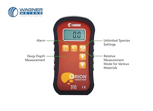 Orion® 910 Pinless Wood Moisture Meter Kit by Wagner Meters | Accurate, Non-Damaging, Deep Depth Lumber Moisture Measurement, On-site Calibration (Standard Calibrator)