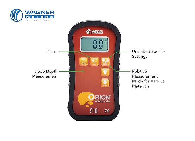Orion® 910 Pinless Wood Moisture Meter Kit by Wagner Meters | Accurate, Non-Damaging, Deep Depth Lumber Measurement, On-site Calibration (Traceable Calibrator - NIST)