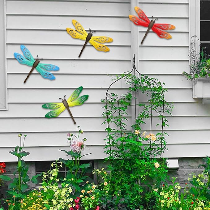 Metal Dragonfly Wall Decor, 4 Pack 14inch Metal Dragonfly Wall Hanging Sculpture Decor for Outdoor, Yard Patio Fence Garden Outside Decorations