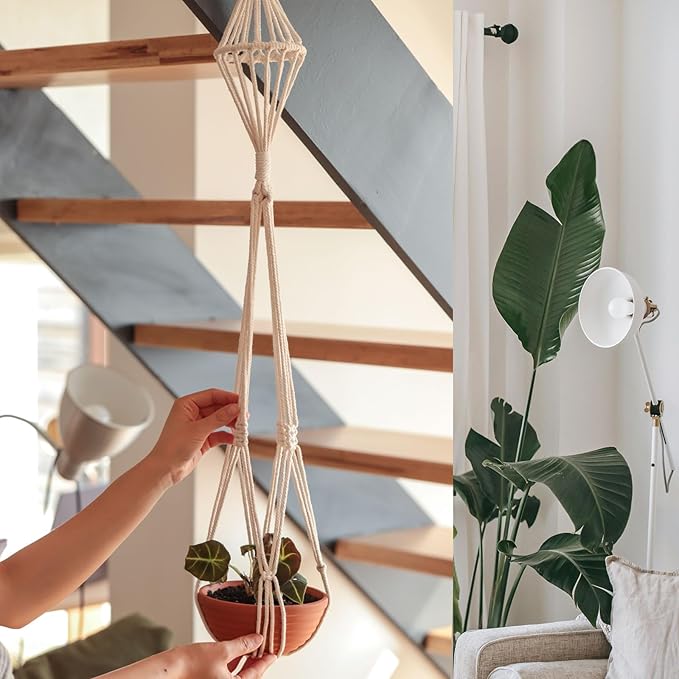 2Pcs Macrame Plant Hangers Indoor Macrame Hanging Planters Large for up to 10 inch Pot No Tassels Long Crochet Boho Plant Hanger Holder for Indoor Outdoor Plants Different Size 35”/39" (White)