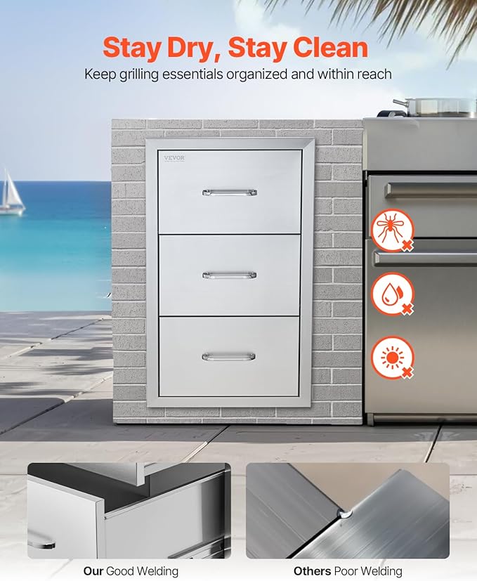 VEVOR 17W x 30H x 21D Inch Outdoor Kitchen Stainless Steel Double Access Drawers with Paper Towel Holder Combo for BBQ Island or Grill Station