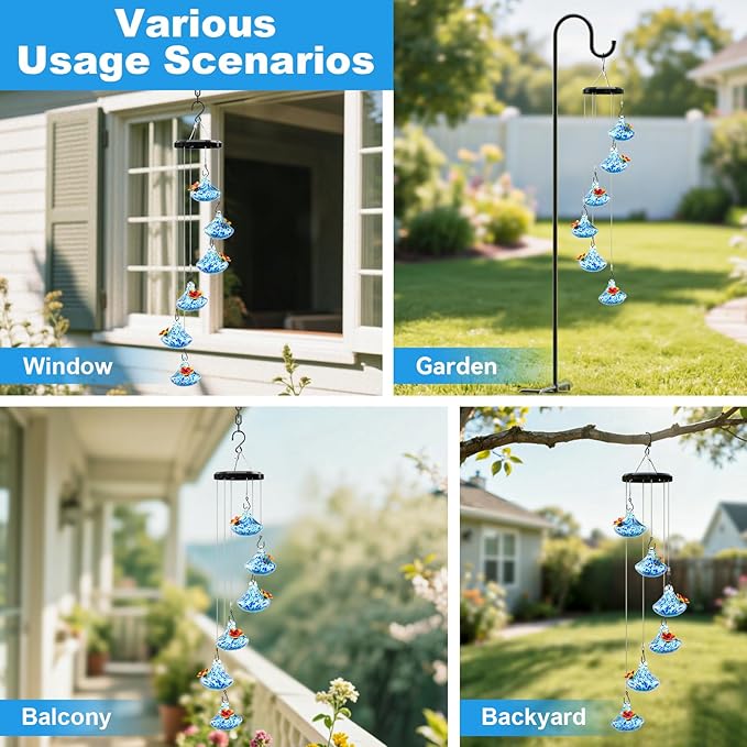 Wind Chimes Hummingbird Feeders, Hummingbird Feeders for Outdoors with 6 Glass Balls, Leak-Free, Perfect Garden Decor for Window Garden Patio, Ideal Gift, Blue