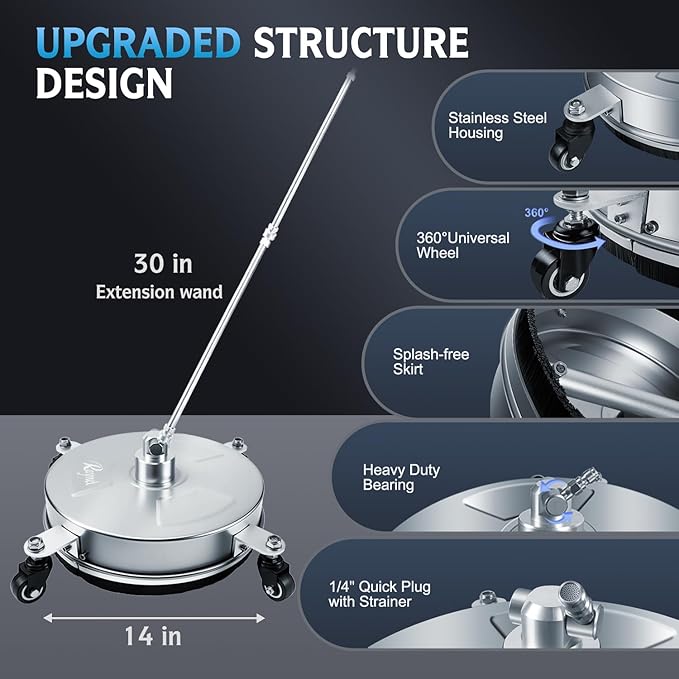 RAYNEL 14'' Pressure Washer Surface Cleaner with 4 Wheels, Stainless Steel Housing, 1/4" Quick Plug, 2 Extended Wands, 2 Replacement Nozzles