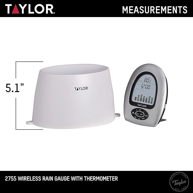Taylor Wireless Digital Rain Gauge and Thermometer, Measure and Monitor Precipitation, Indoor Outdoor Thermometer, Easy-to-Read Display for Home, Office, Greenhouse, and Indoor Areas, 5-inch, White