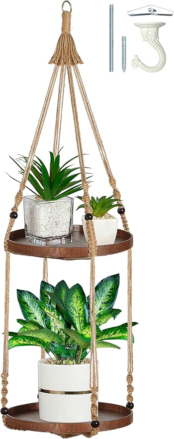 2 Tier Macrame Plant Hanger | Plant Hanger Indoor, Hanging Planter | Hanging Planter Shelf (Jute) (Large, 12" Shelf)