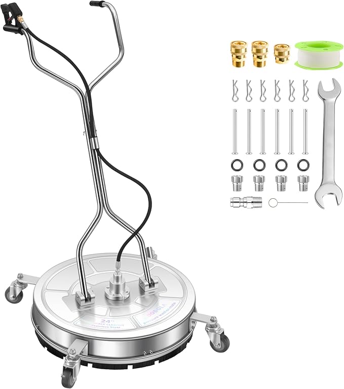 24" Pressure Washer Surface Cleaner with 4 Wheels - Stainless Steel Dual Handle Surface Cleaner for Pressure Washer Attachment for Concrete, Patio, Sidewalk, Deck and Driveways - PWS 24