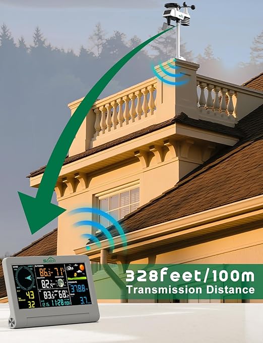 SQECH Weather Station,Weather Stations Wireless Indoor Outdoor with 7-in-1 Outdoor Sensor,Home Weather Station with Weather Forecast,Temp&Humidity,Rain Gauge,Wind,Moon Phase,Calendar,Alarm Clock