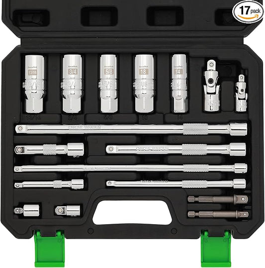 17-Pieces Drive Tool Accessory Set, Spark Plug Socket Set, Includes 1/4" & 3/8” Drive Extension Bar, Socket Adapter, Universal Joints, Spark Plug Sockets, Professional Socket Accessories, Cr-V