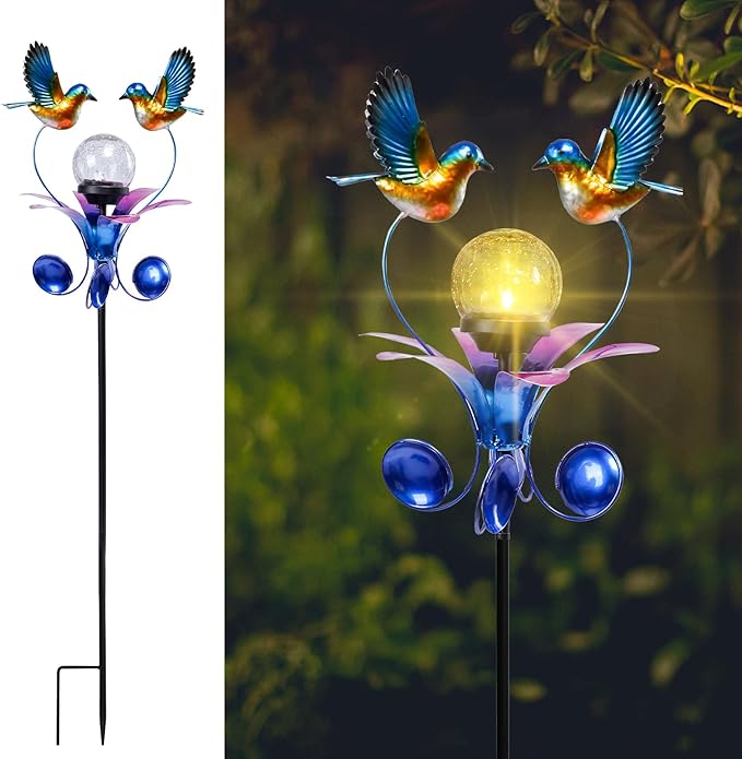 VCUTEKA Solar Lights Outdoor Metal Garden Stake Waterproof Crackle Glass Globe Garden Decor Blue Jay Bird for Pathway, Lawn, Patio, Yard