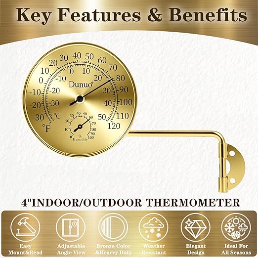 Outdoor Thermometer - Weatherproof & Decorative Outside Temperature Gauge for Window, Greenhouse Accessories and Patio (Easy-Read Brass Swivel Design) (4inch Golden case+ Golden Color)