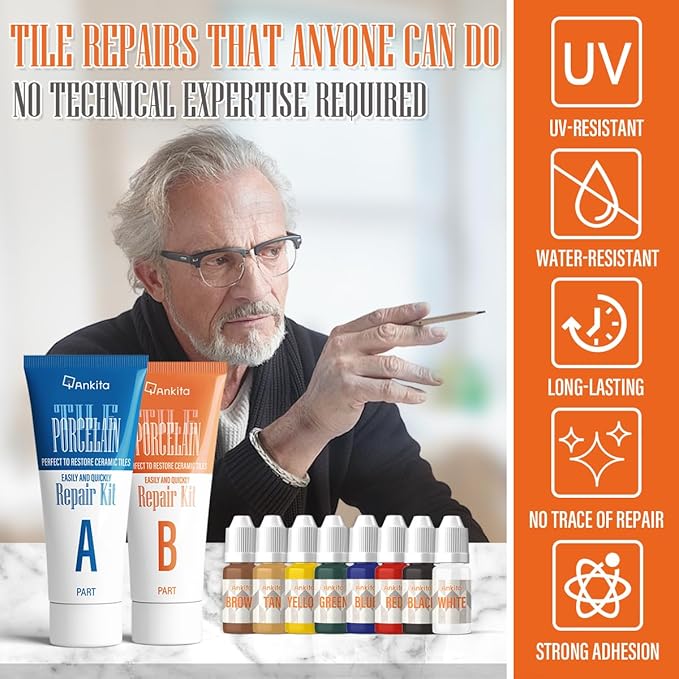 Tile Repair Kit, Ceramic Tile Repair Kit(Color Match), Porcelain Tile Chip Repair Kit with Super Strong Adhesion, Floor Tile Crack Repair Filler for Chips, Holes on Porcelain, Ceramic, Acrylic