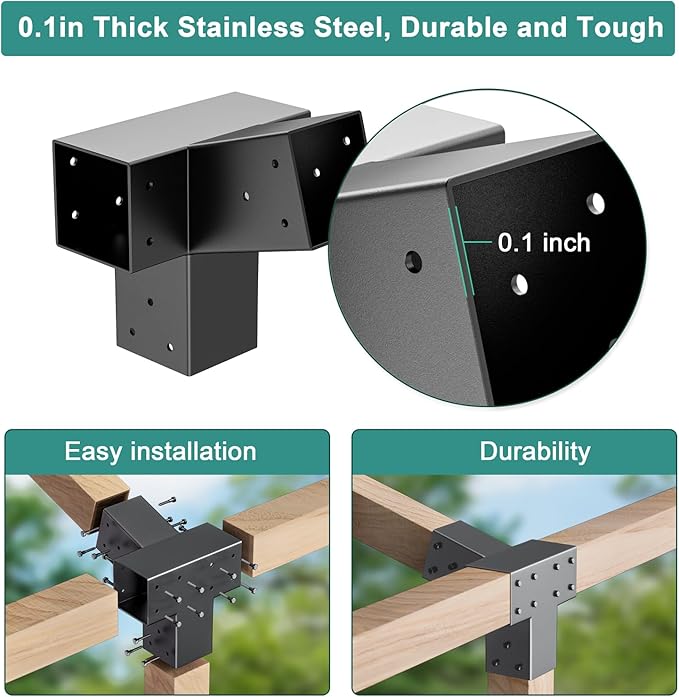 15° Wall Pergola Kits - Stainless Steel 15 Degrees Wall Mounts for 4x4 Posts(Actual 3.5" X 3.5"), Angled Pergola Construction Bracket Kit(4-Way)