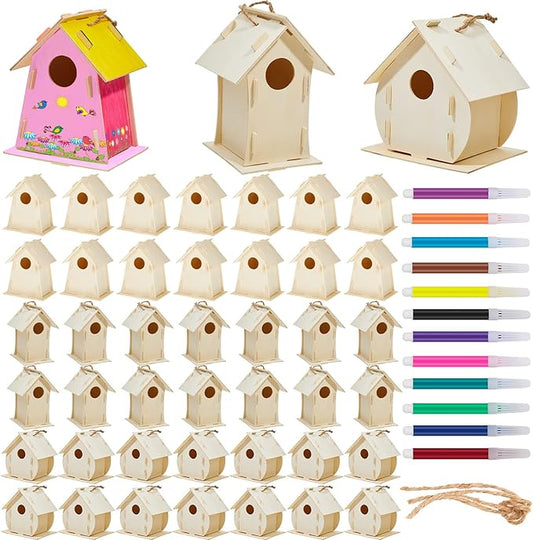 21 Sets DIY Birdhouse Kit to Build and Paint, Include Unfinished Wooden Bird House, Strips and Colorful Painting Pens for Fun Craft Activity Creative DIY Art Project