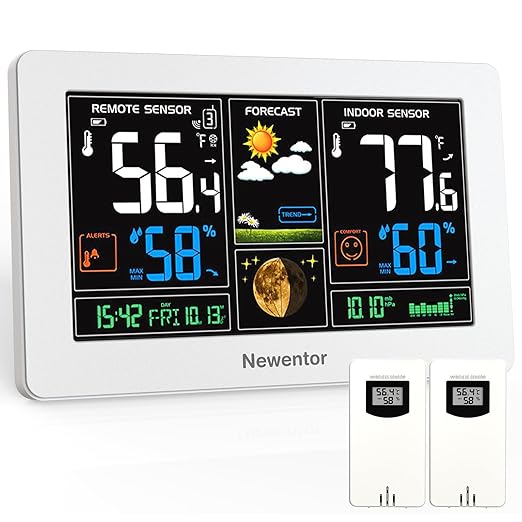 Newentor Weather Station Wireless Indoor Outdoor Thermometer, Color Display Digital Weather Thermometer with Atomic Clock, Barometric Pressure, Forecast Station with Adjustable Backlight,White,2Sensor