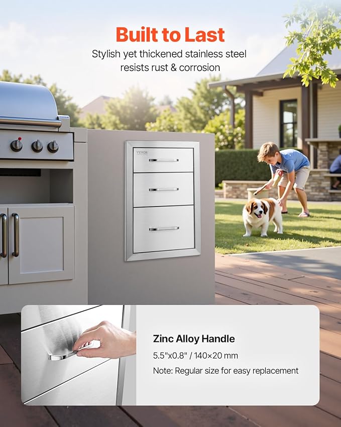 VEVOR 14x20.3 Inch Outdoor Kitchen Drawers Stainless Steel, Flush Mount Triple Drawer, 14W x 20.3H x 23D Inch, with Stainless Steel Handle, BBQ Drawers for Outdoor Kitchens or BBQ Island