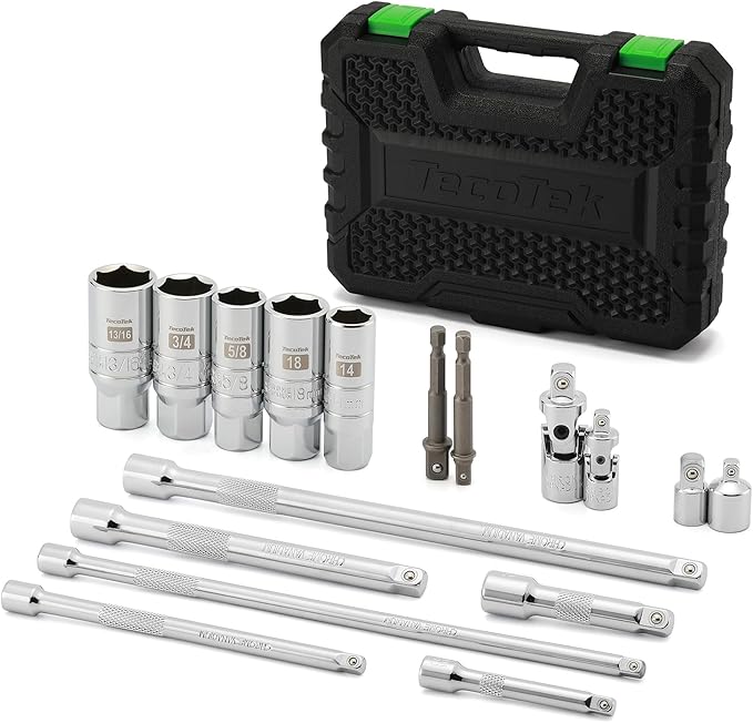 17-Pieces Drive Tool Accessory Set, Spark Plug Socket Set, Includes 1/4" & 3/8” Drive Extension Bar, Socket Adapter, Universal Joints, Spark Plug Sockets, Professional Socket Accessories, Cr-V