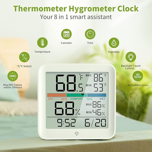 2 Pack Indoor Thermometer Room Temperature Home Hygrometer Humidity Gauge, Accurate with Calibration, Backlight, Air Comfort Indicator, 24H Max Min Records, Time, Date(AAA Batteries Included)