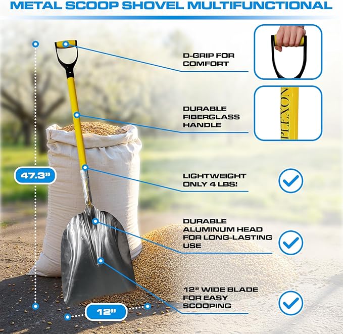 Plexon Metal Scoop Shovel 12" Blade - Aluminium Steel Snow Shovel for Driveway - Heavy Duty Snow Shovel for Car - Fiberglass Handle & Plastic D-Grip - Outdoor Garden Yard, 48" Length
