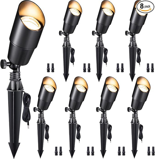 Spot Light Brass - Outdoor Landscape Spotlights 12V, LED Low Voltage Landscaping Uplights, All Weather Hard-Wired Black for Backyard Lawn with No Bulbs (8 Pack)