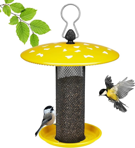 Veehoo Tube Bird Feeders for Outdoors Hanging-Finch Feeder for Nyjer Thistle Seed, Mushroom Metal Mesh Bird Feeder for Outside Hanging, Yellow
