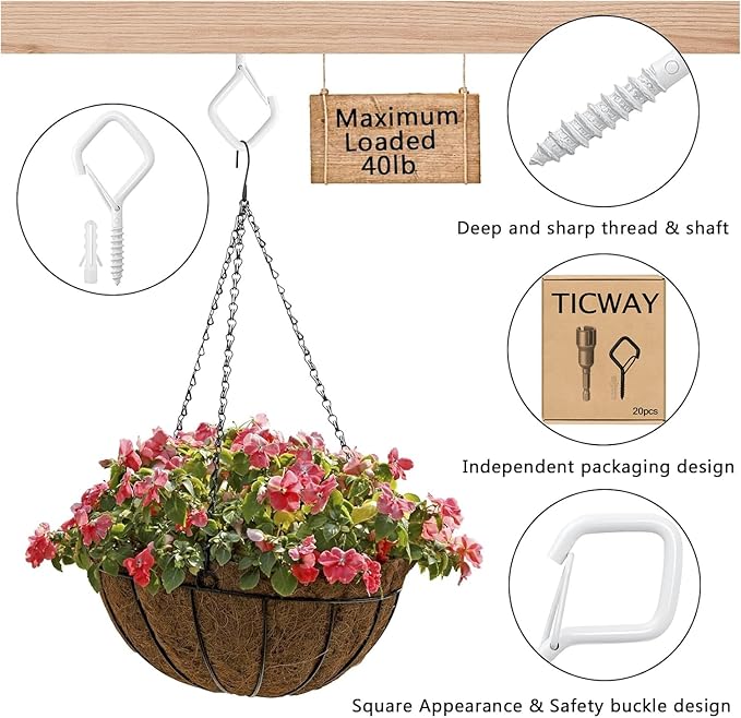 20 PCS Q-Hanger Hooks for String Lights, Ceiling Hooks for Hanging Plants, Wind Chimes, Bird Feeders, Lanterns, Christmas Decorations (Square Hanger)